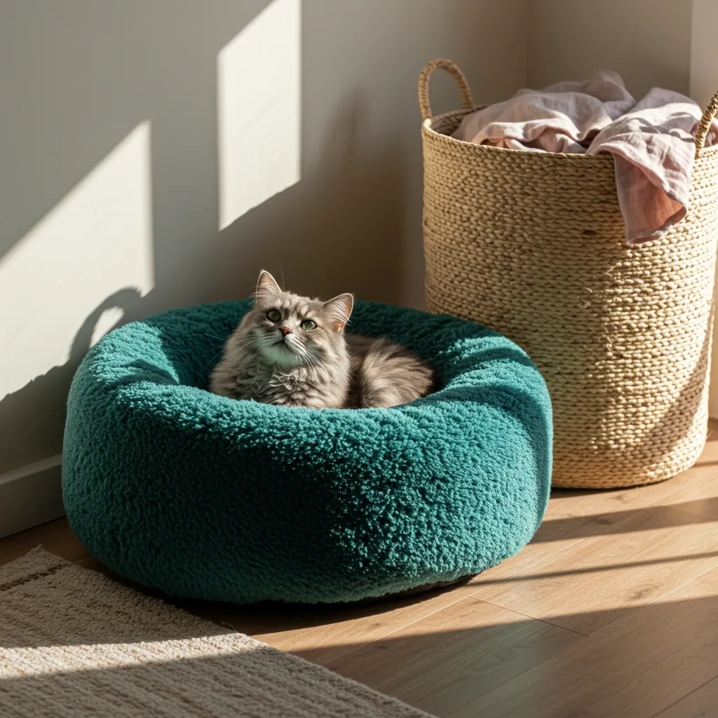 Cat lounging in a cozy bed as an alternative to the laundry basket, reducing cat purring behavior in unwanted spots.