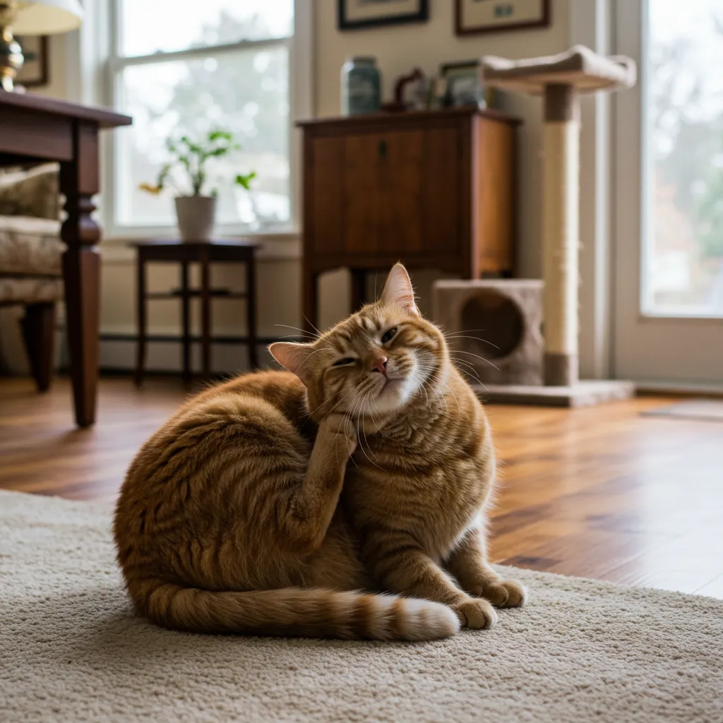 Cat scratching ear, highlighting the potential cause of cat ear hematoma in a home environment