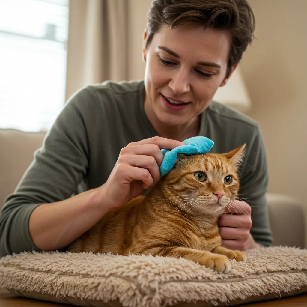 Cat owner using a cold compress for a cat ear hematoma home treatment.