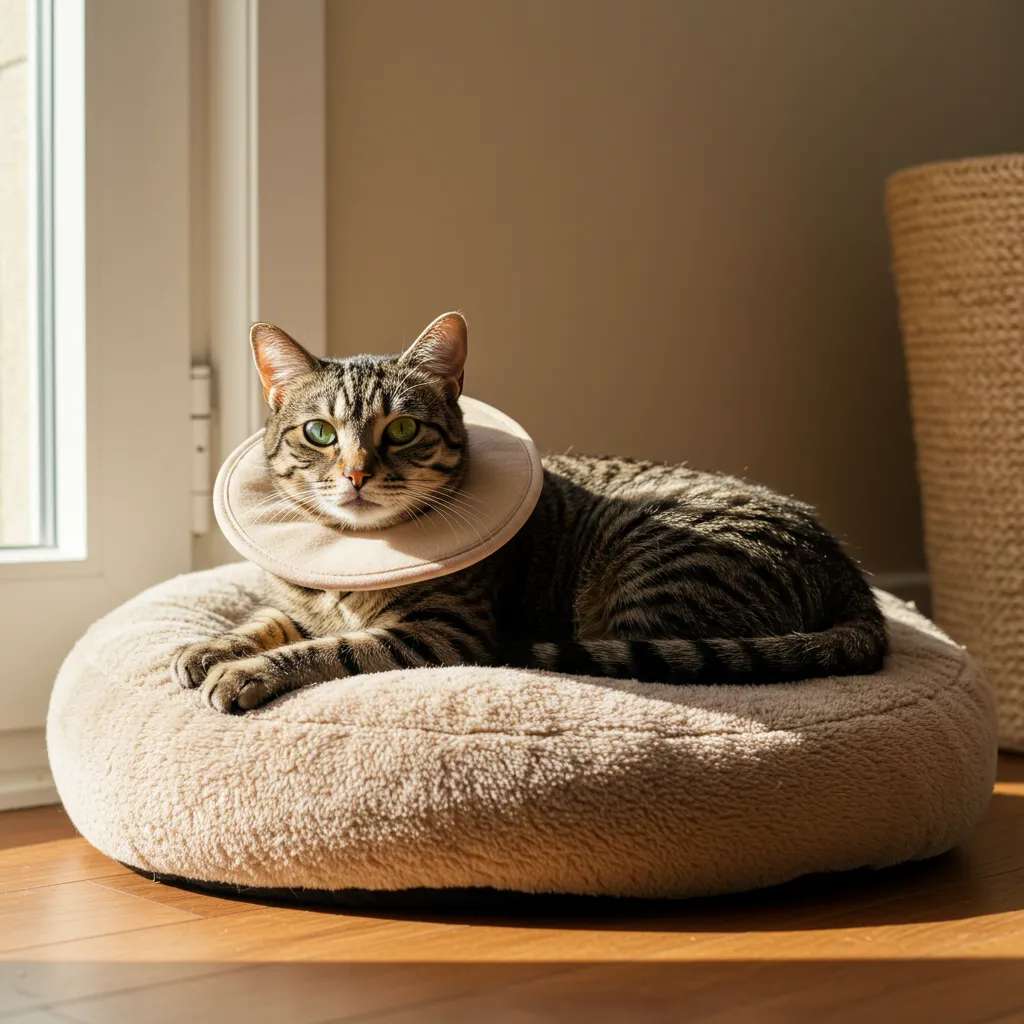 Cat in e-collar recovering from cat ear hematoma surgery on a cozy pet bed.