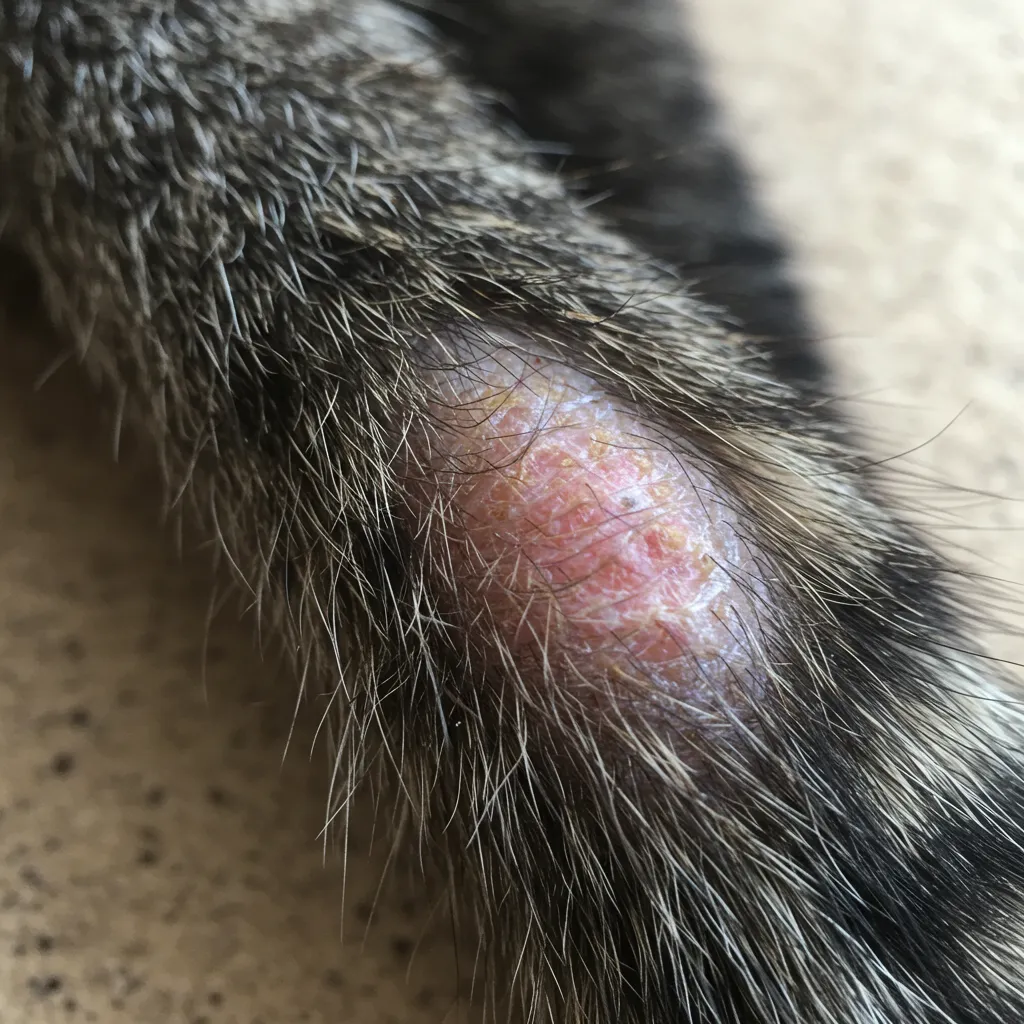 Cat tail with hair loss at the base, indicating possible fleas or overgrooming.