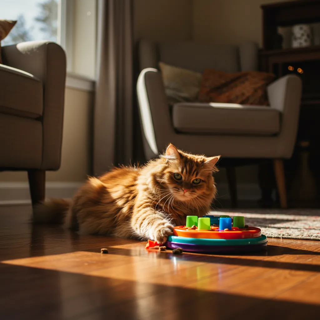 Cat with puzzle feeder toy to reduce stress and prevent overgrooming.