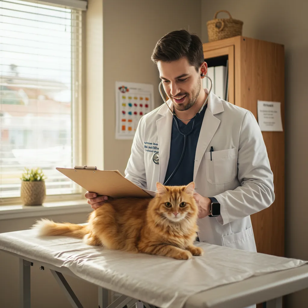 Calm cat on vet table before neutering, showcasing pre-surgery preparation.