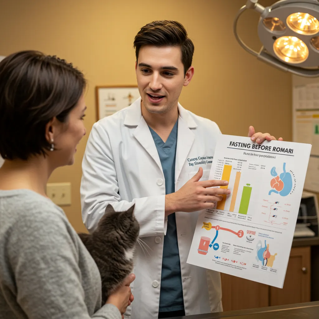  Vet discussing cat fasting guidelines with owner for safe neutering prep.