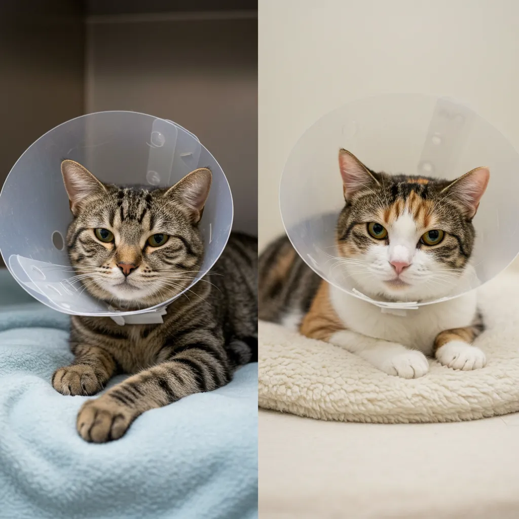  Male and female cats in recovery cones after neutering and spaying, highlighting post-op care.