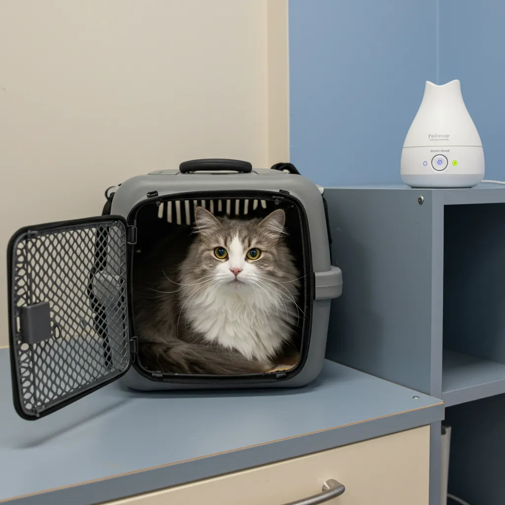Cat in carrier with Feliway diffuser, demonstrating anxiety management before neutering.