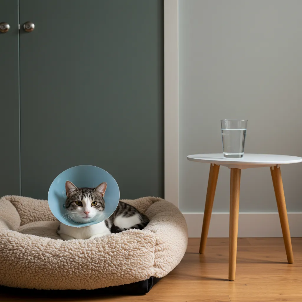 Cat recovering comfortably post-neutering in a quiet home setup.