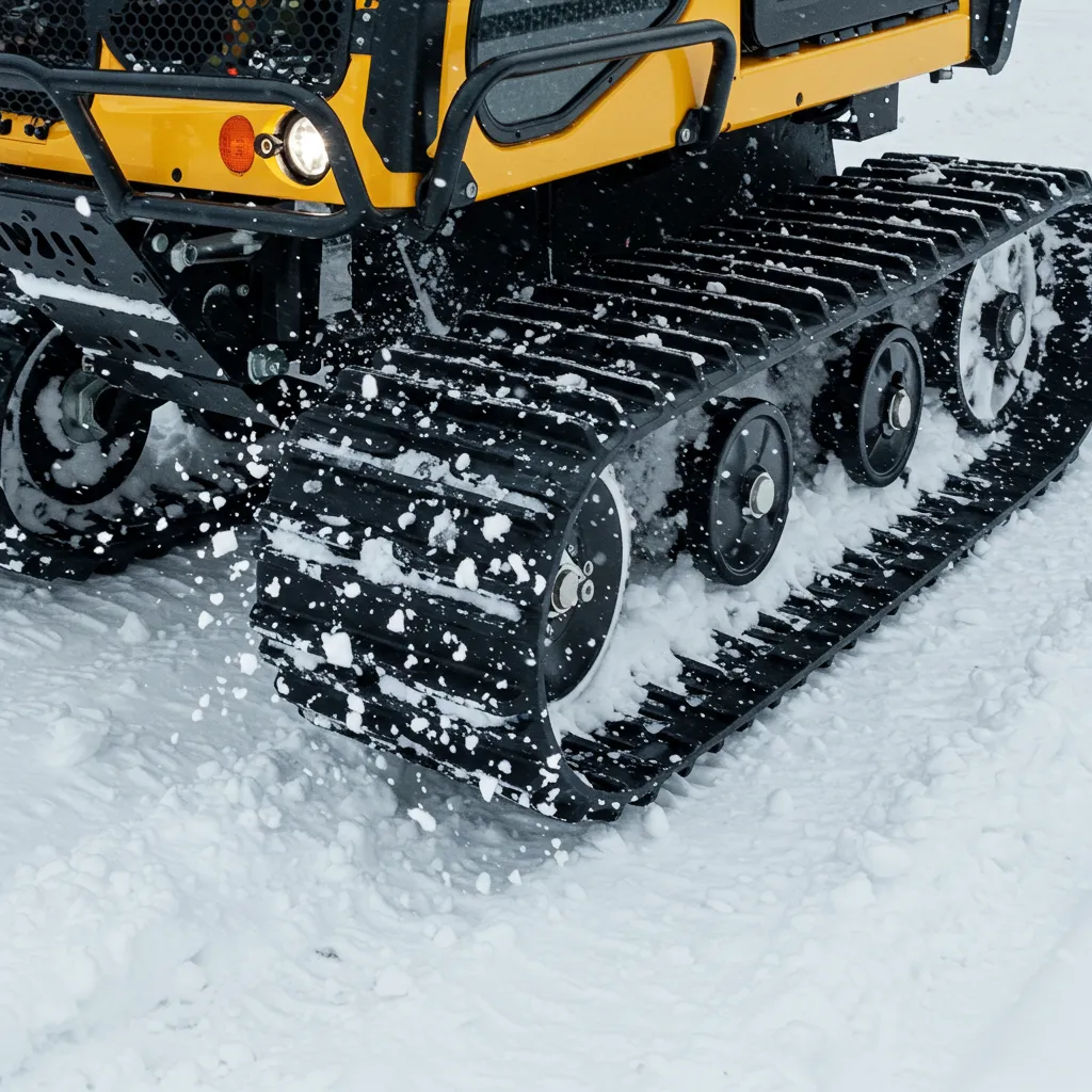 Tucker Vehicles Sno-Cat’s four-track system in deep snow, showcasing superior traction.