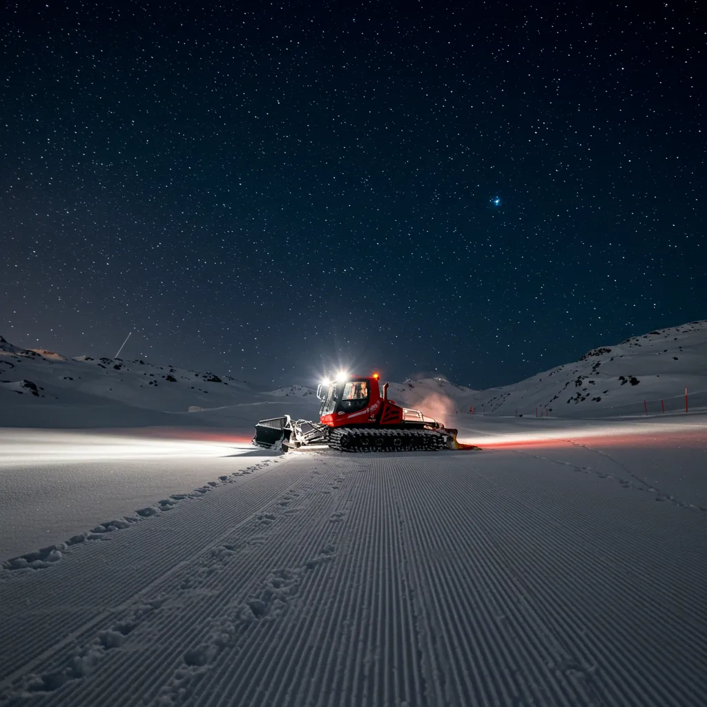 PistenBully snow groomer shaping perfect ski trails at night