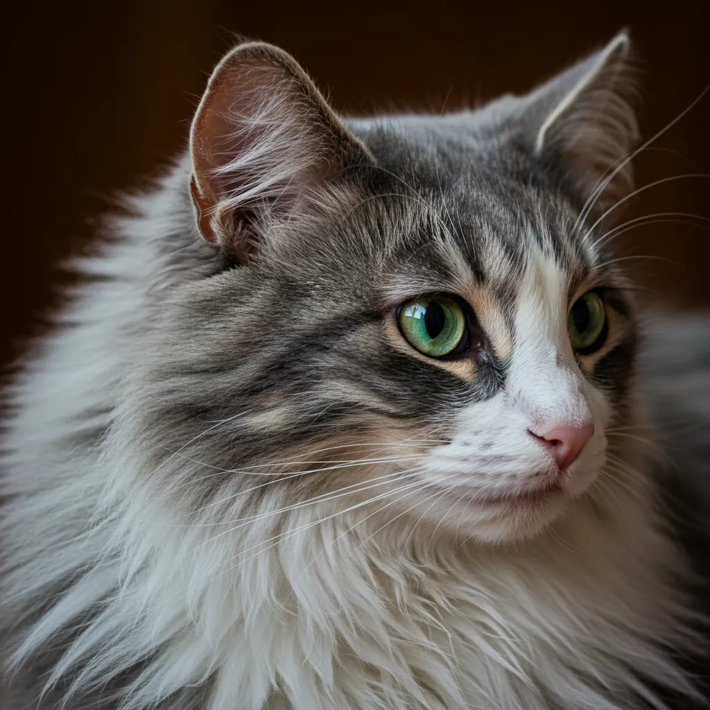 Fluffy cat with tilted ear showing signs of a potential ear infection in a cozy home setting