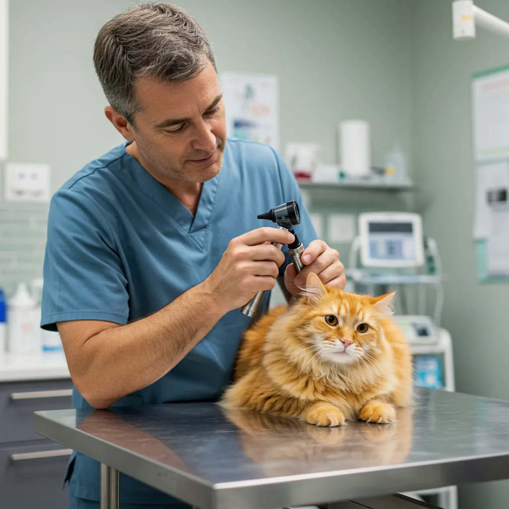 Veterinarian checking a cat’s ear for infection using an otoscope in a clinic.