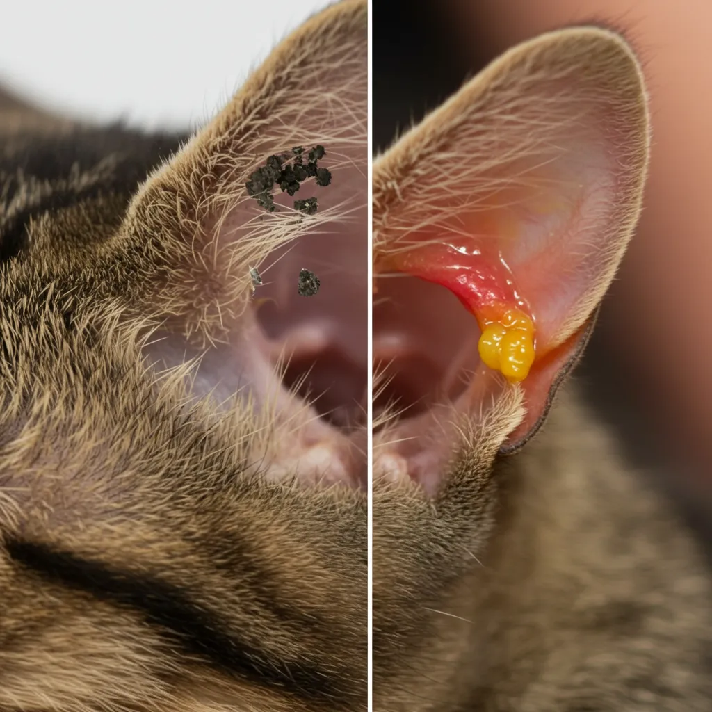  Comparison of cat ear with mite debris and inflamed ear from infection.