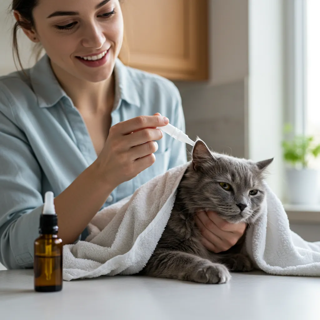 Cat parent administering vet-prescribed ear drops to a calm cat for ear infection treatment.