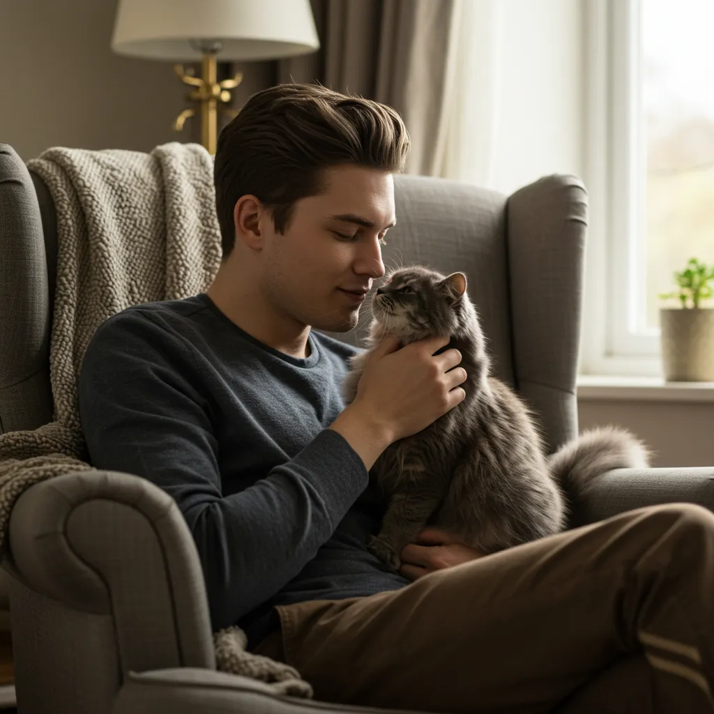 Cat nuzzling owner’s face in a cozy living room, illustrating affectionate cat behavior.