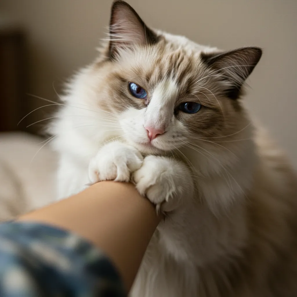  Ragdoll cat kneading owner’s arm, showing affection and trust.