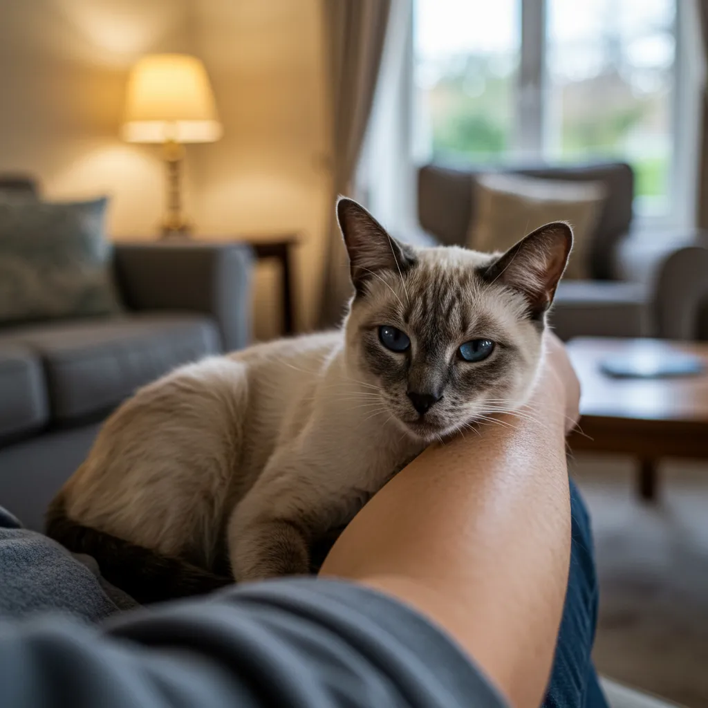 Siamese cat choosing owner’s arm over pet bed, showing preference for bonding.