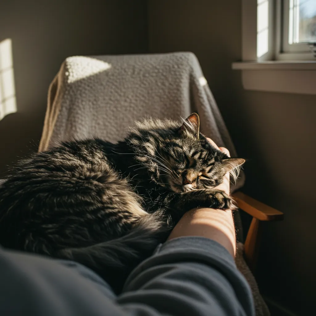 Norwegian Forest Cat napping on owner’s arm, reflecting emotional security.