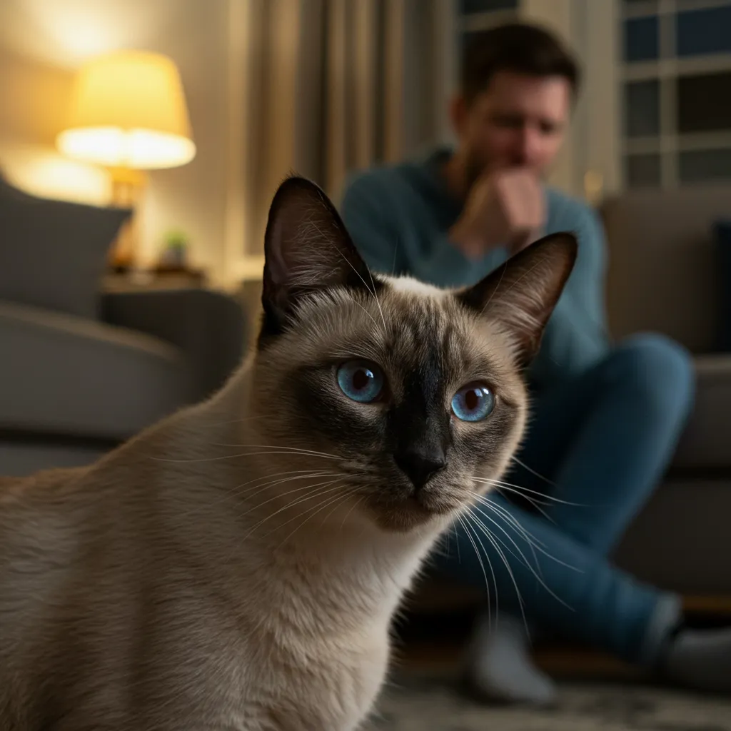 Curious Siamese cat reacting to owner coughing in a cozy living room.