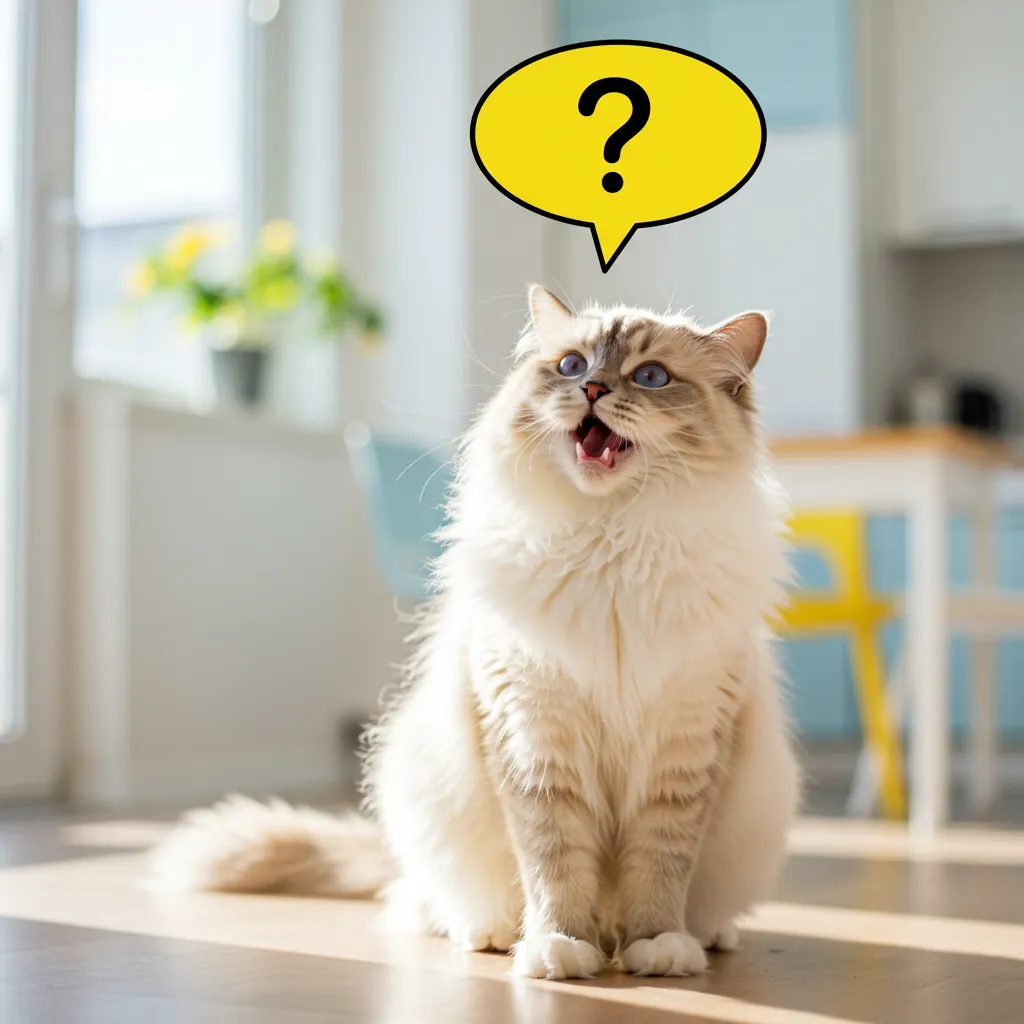 Ragdoll cat meowing with a question mark speech bubble in a bright home.