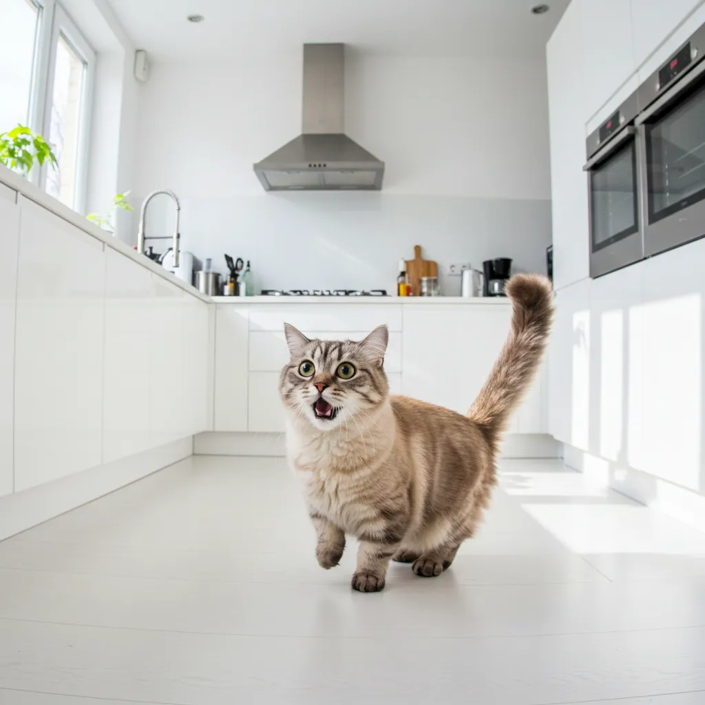 Startled Munchkin cat with wide eyes in a modern kitchen.
