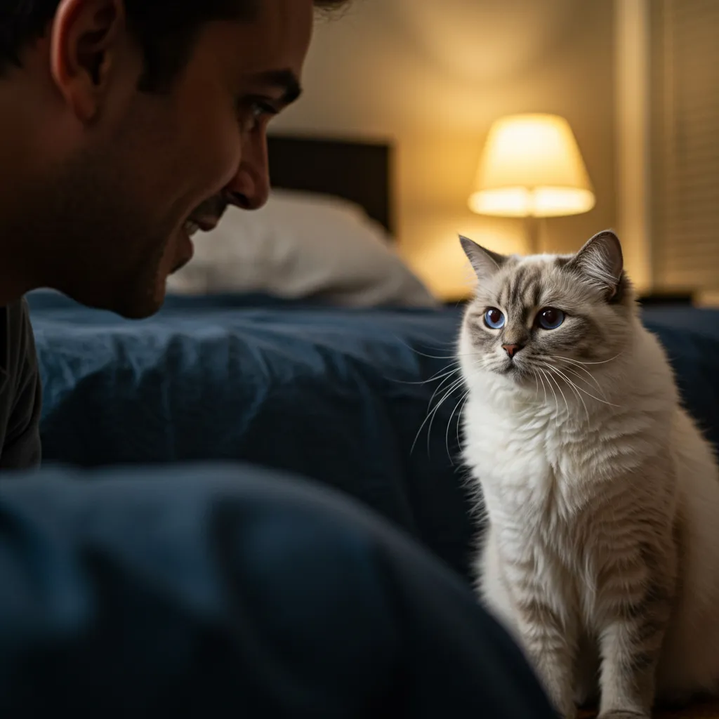 Concerned Ragdoll cat slow-blinking at owner in a cozy bedroom.
