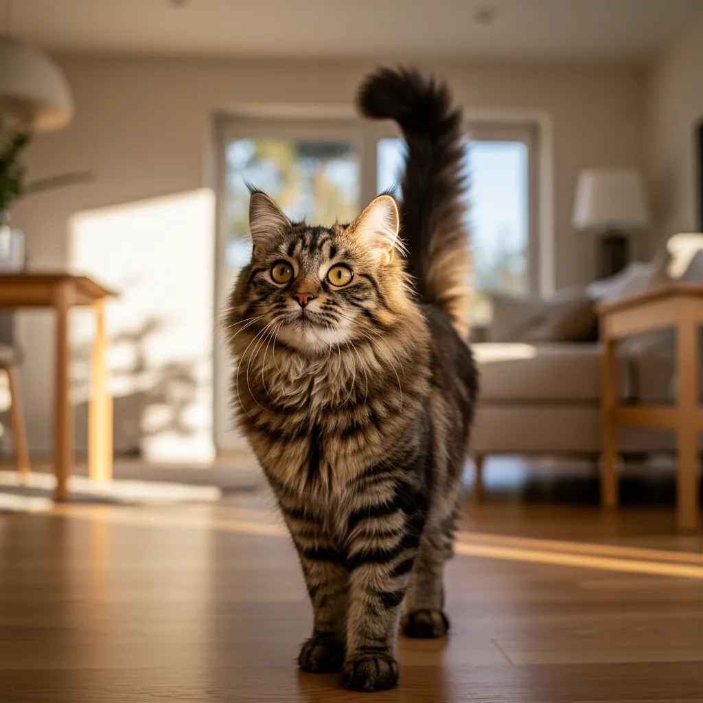 Curious Norwegian Forest Cat with raised tail in a sunny living room.