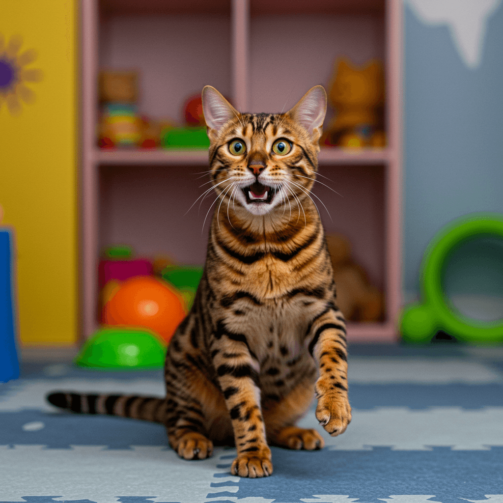 Funny Bengal cat surprised by cough in a playful home setting.