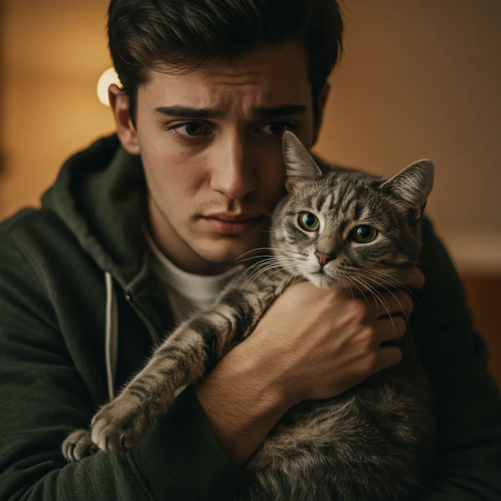 Cat owner holding a wheezing cat with concern.