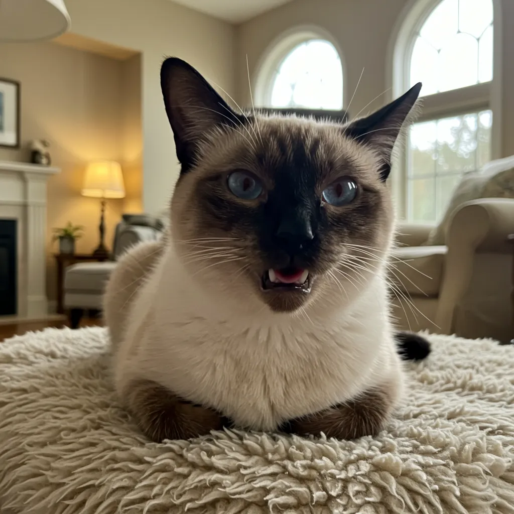 Siamese cat showing signs of wheezing.