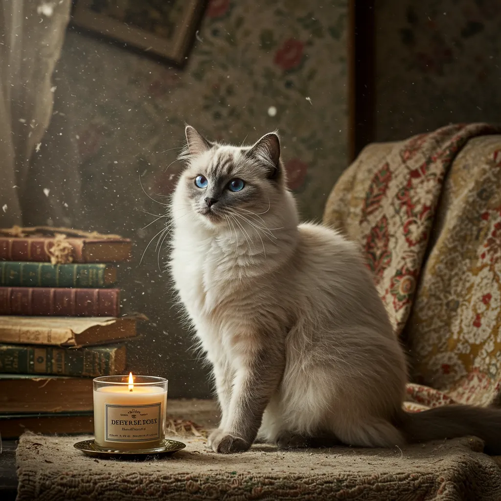 Ragdoll cat near allergens causing wheezing.