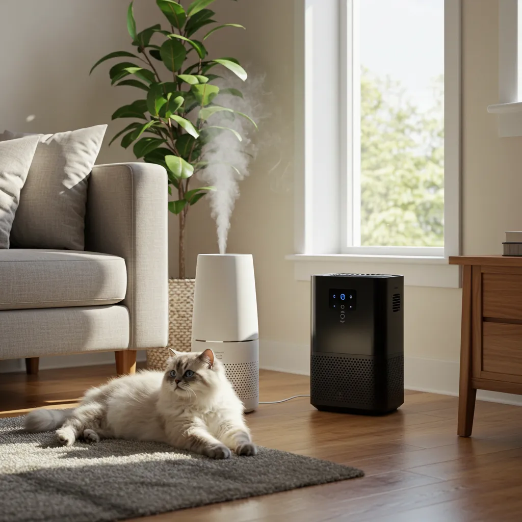 Cat in a home with humidifier and air purifier for wheezing relief.
