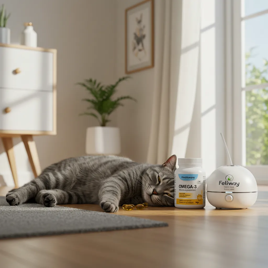 Cat with omega-3 supplements and Feliway diffuser for natural wheezing relief.