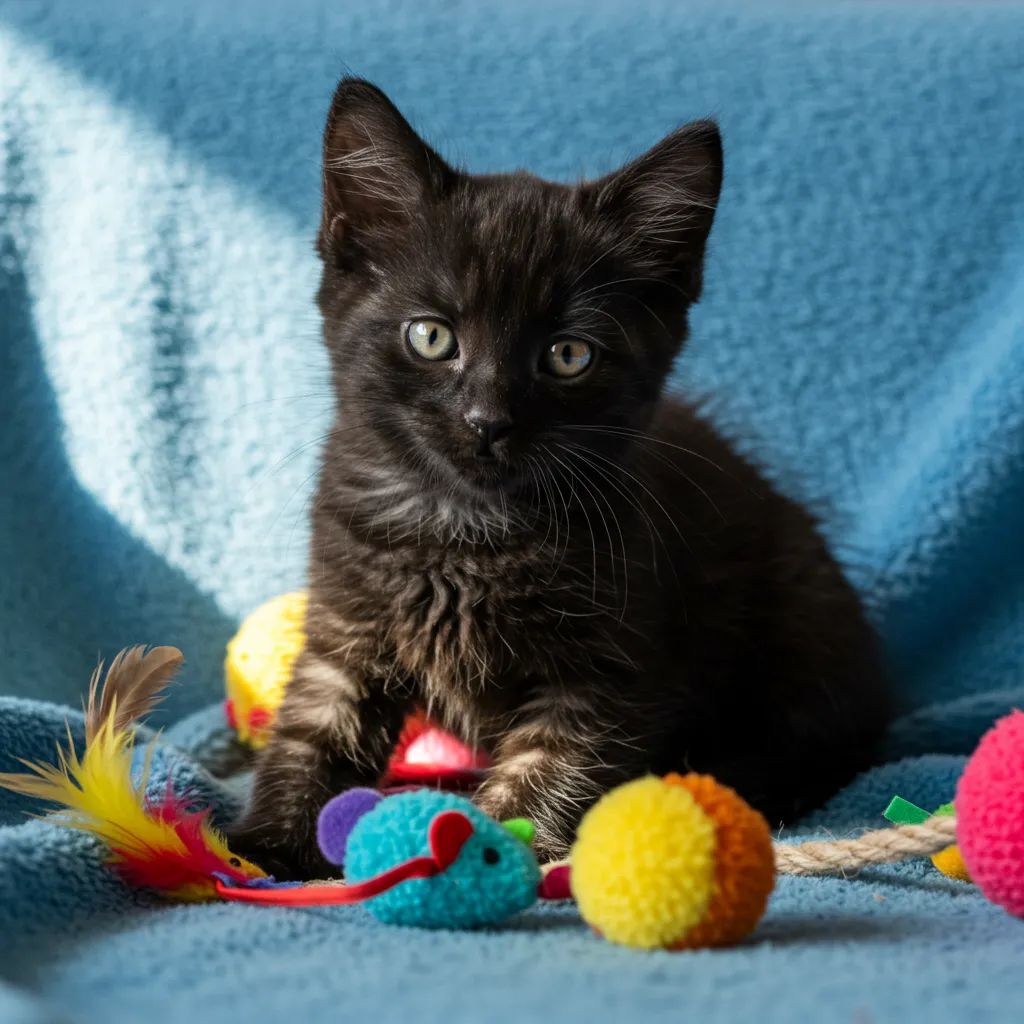 Healthy kitten playing on a blanket, showcasing normal feline growth.