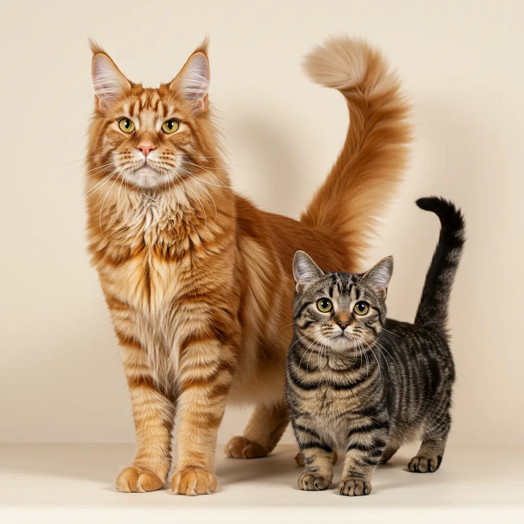 Maine Coon and Munchkin cats showcasing breed size differences.