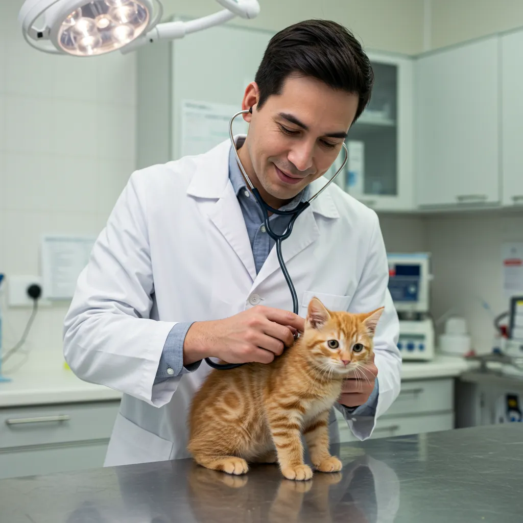Veterinarian checking a kitten for growth issues during a checkup.