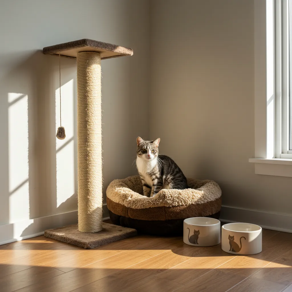 Cat-friendly home with scratching post and cozy bed for healthy growth.