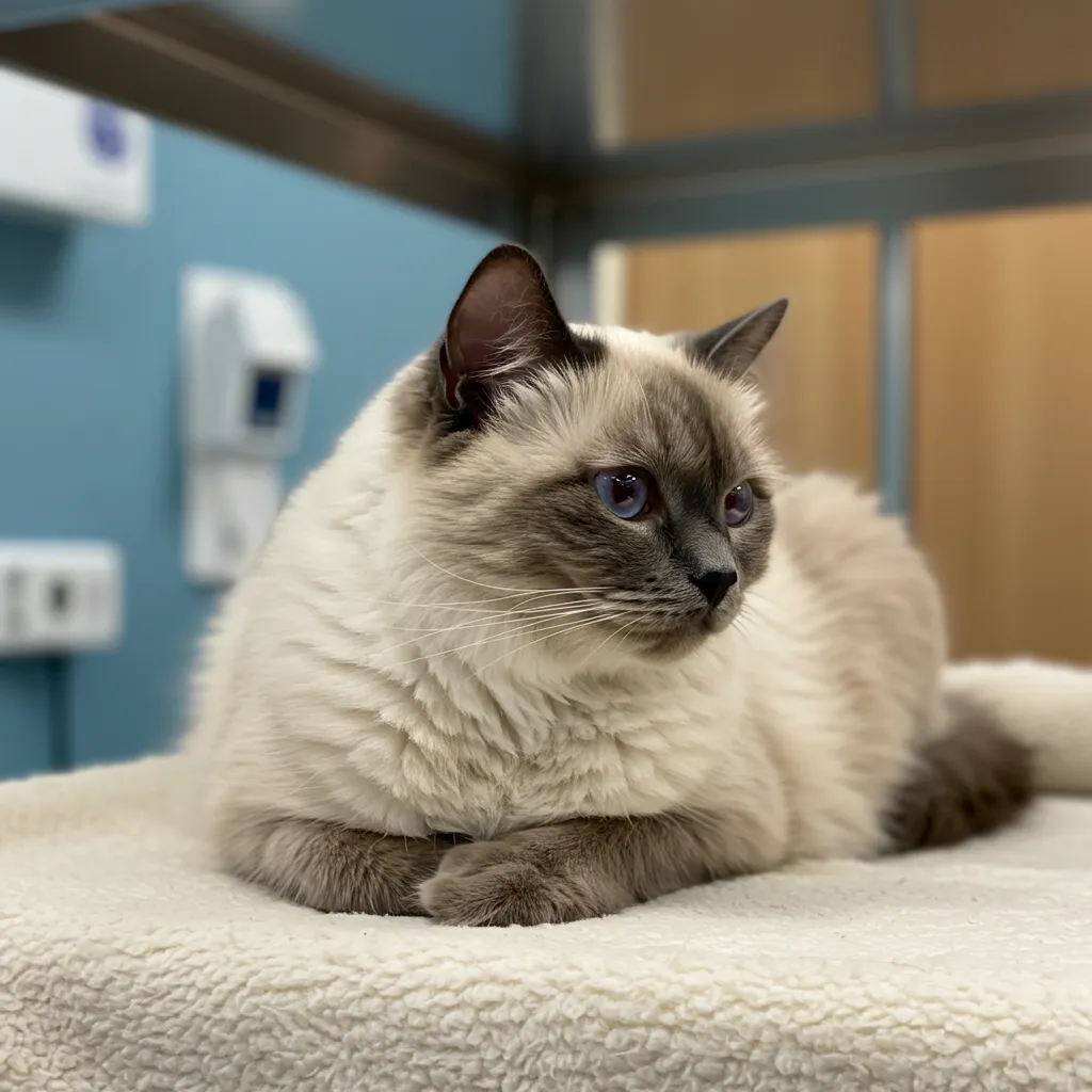 Healthy cat resting after spay surgery on a cozy blanket.