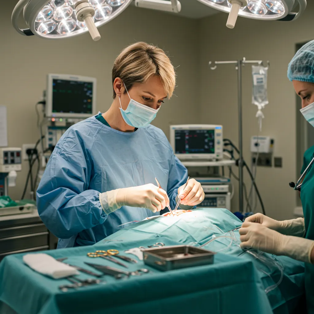 Veterinarian performing a cat spay surgery in a sterile clinic.