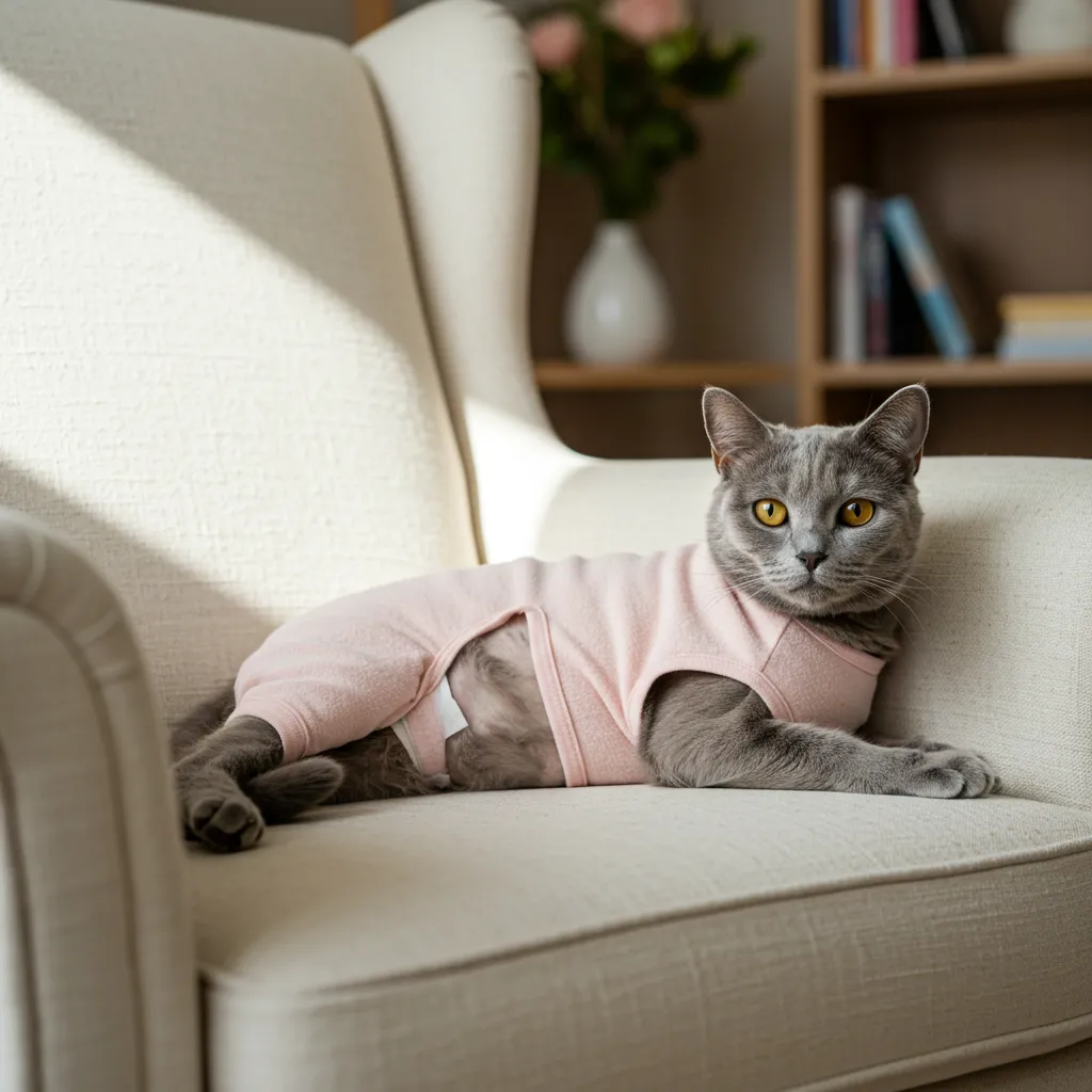 Cat in a recovery suit during the cat spay healing process.