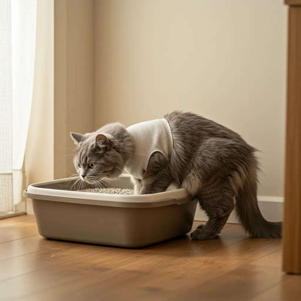 Cat using a low-sided litter box during spay recovery.