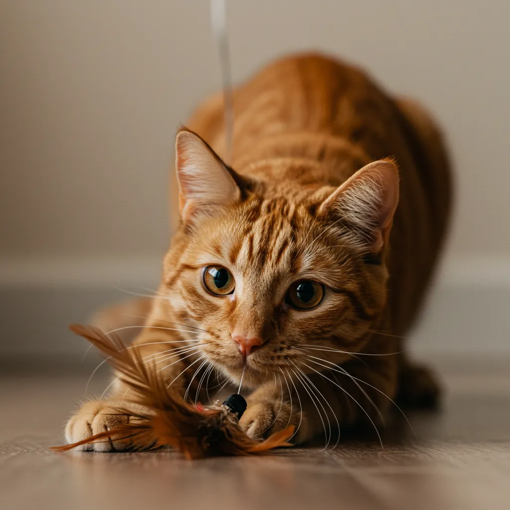 Playful cat with dilated pupils preparing to pounce on a toy, illustrating cat predatory behavior.