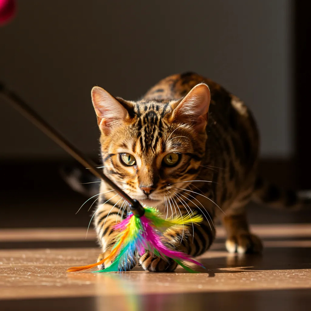  Bengal cat crouching and focused on a feather wand, demonstrating cat predatory behavior.