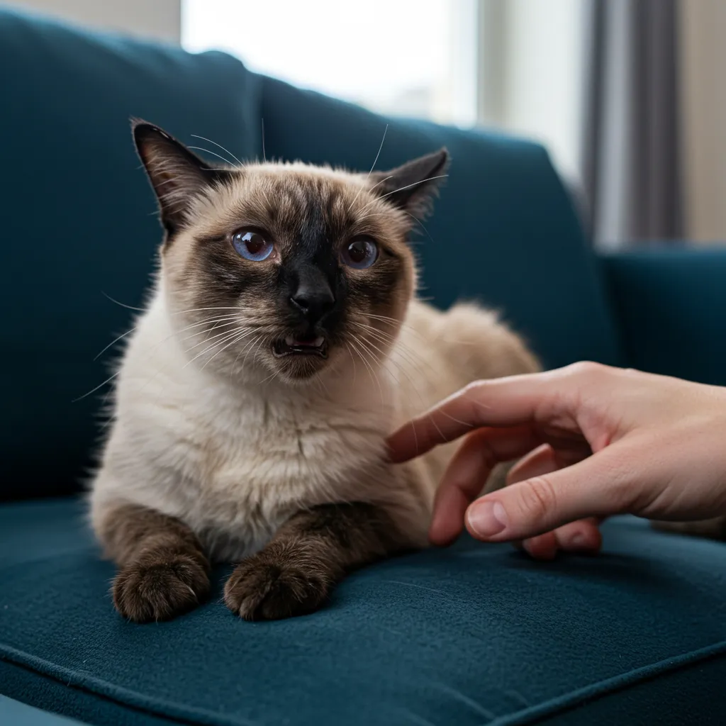 Siamese cat displaying cat body language signs like flattened ears, indicating discomfort near a human hand.