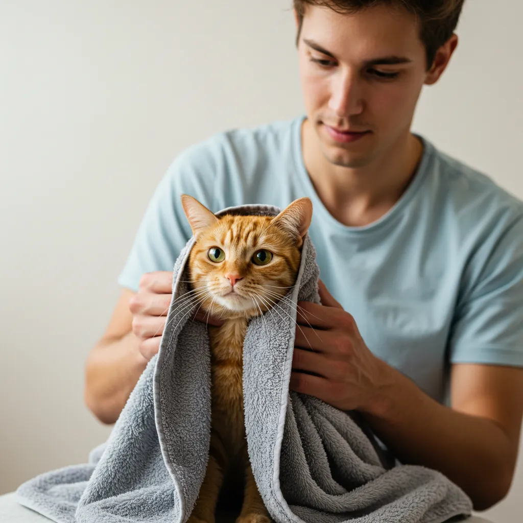 Person safely handling a cat with a towel to manage aggressive cat behavior.