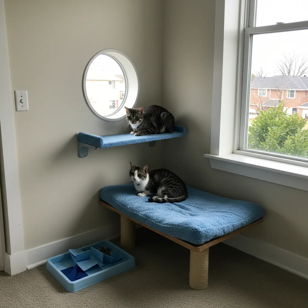  Cozy cat setup with a window perch and toys, designed to reduce stress-related aggression in cats.
