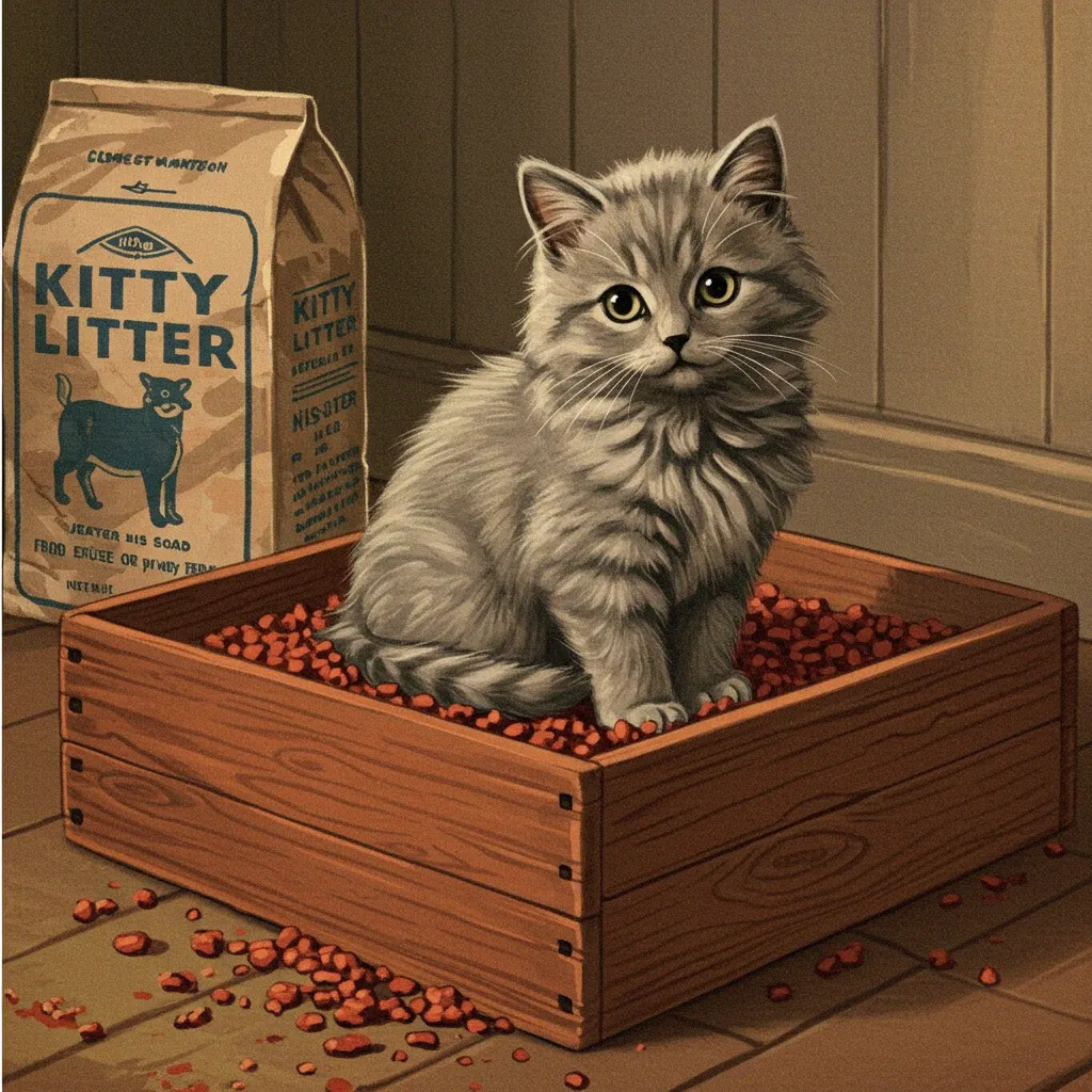 Vintage illustration of a cat in a wooden litter box with a retro Kitty Litter bag, showcasing the history of cat litter.