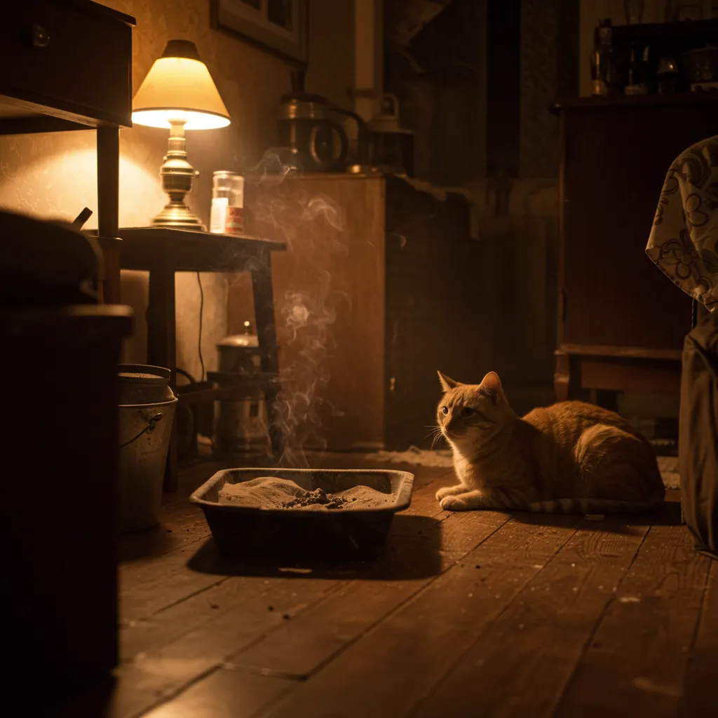 epia-toned image of a 1940s cat near a tray of sand and ashes, illustrating pre-cat litter solutions.