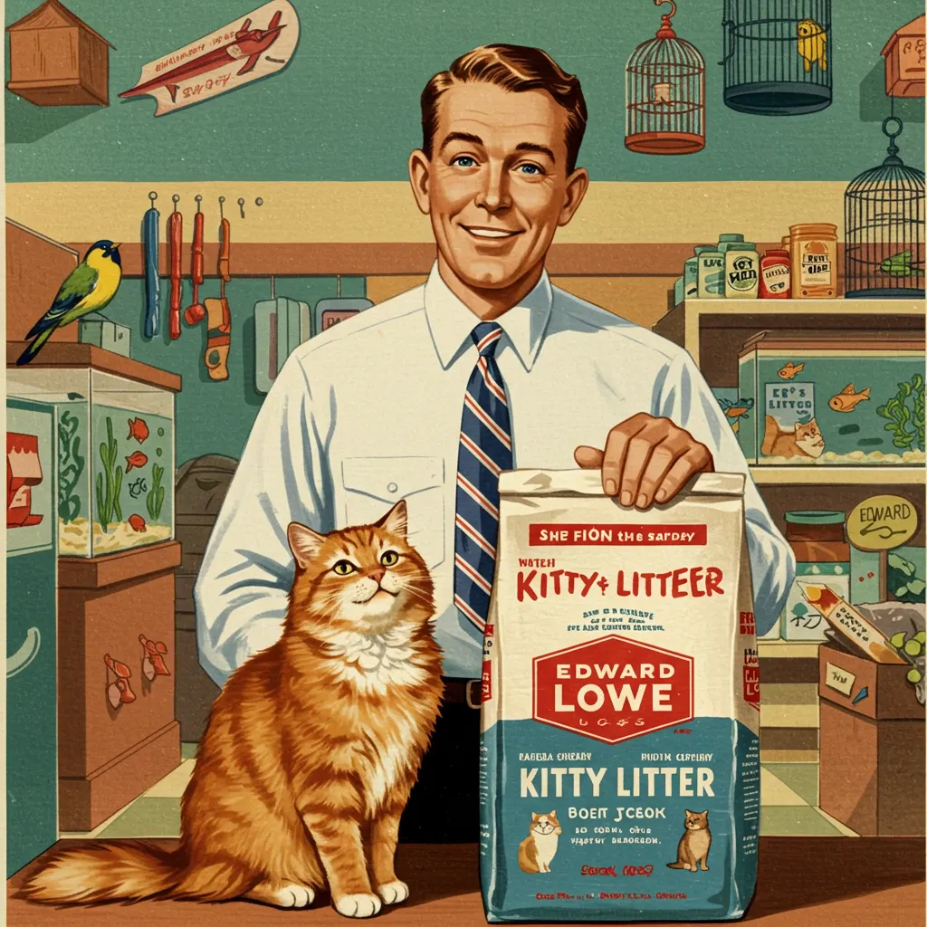  Retro ad of Edward Lowe with a Kitty Litter bag and a cat, showcasing the invention of cat litter in the 1950s.