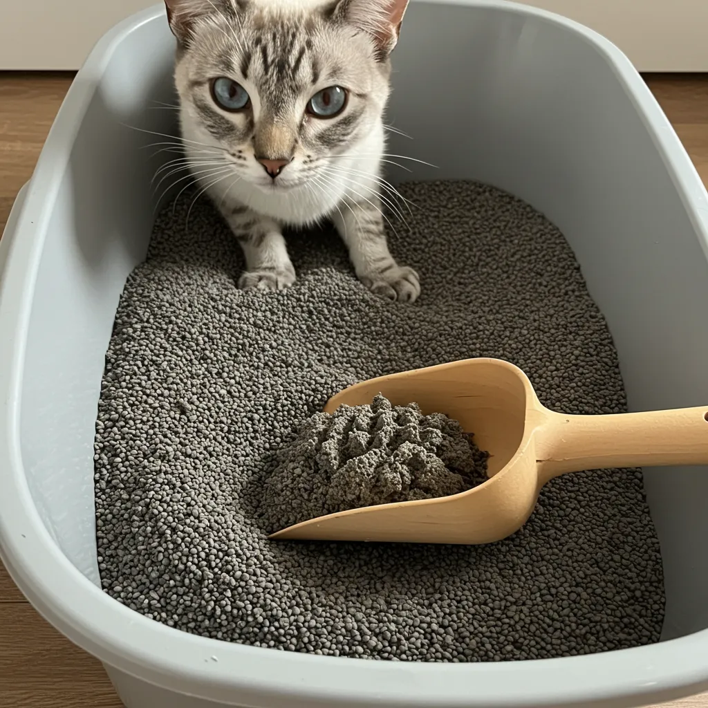 Close-up of clumping cat litter with clumps and a scoop, featuring a curious cat.