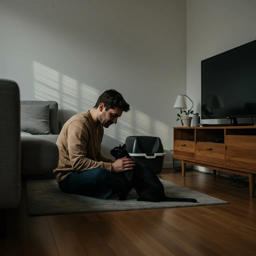 Modern living room scene with a person and cat near a litter box, highlighting the cat-human bond.
